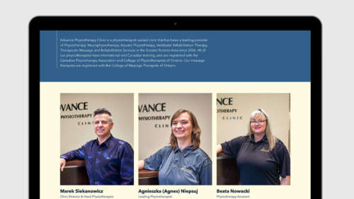 The staff page of Advance Physiotherapy Clinic on a laptop.