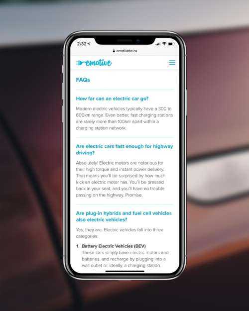 The FAQs page on the Emotive website