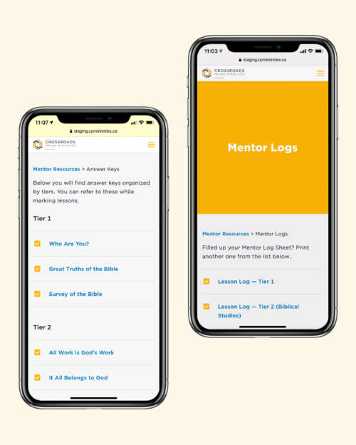 Screenshots of the Answer Keys and Mentor Logs resource pages on the Crossroads website. Screenshots displayed on a phone.