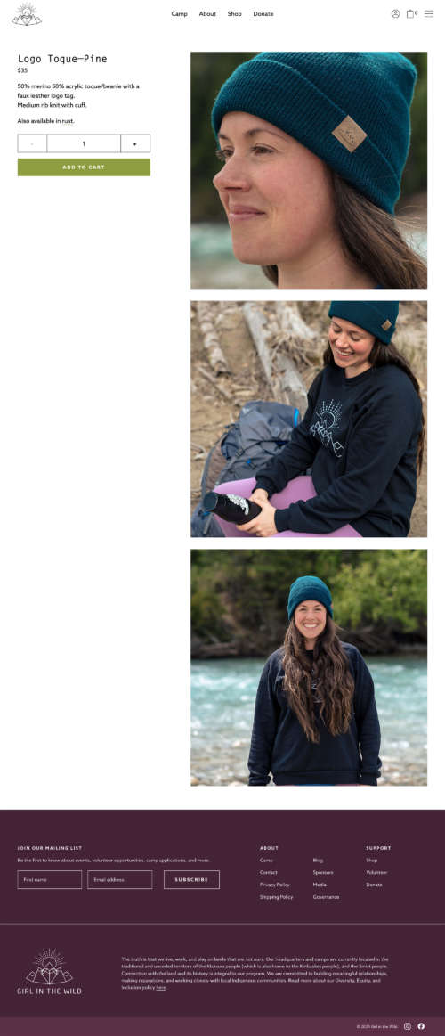 A full-size screenshot of a product page on the Girl in the Wild website.