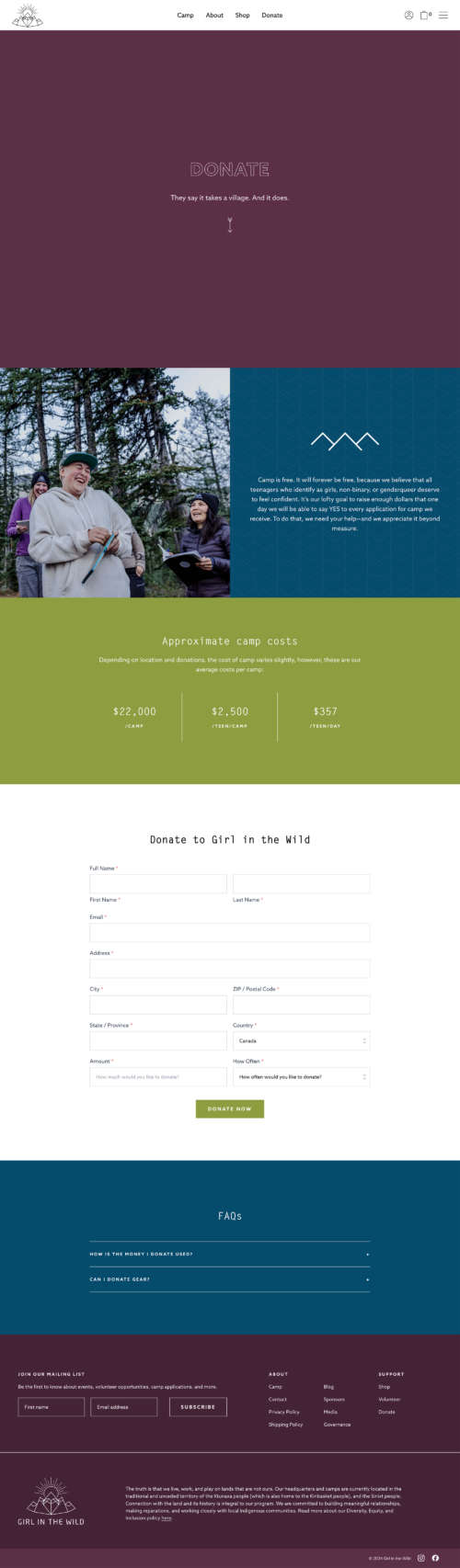 A full-size screenshot of the Girl in the Wild Donation page.