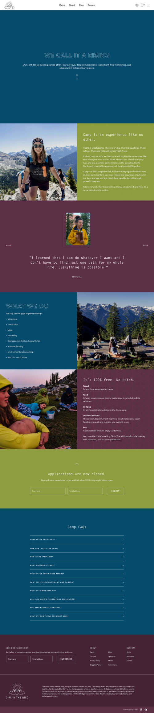 A full-size screenshot of the About Us page on the Girl in the Wild website.